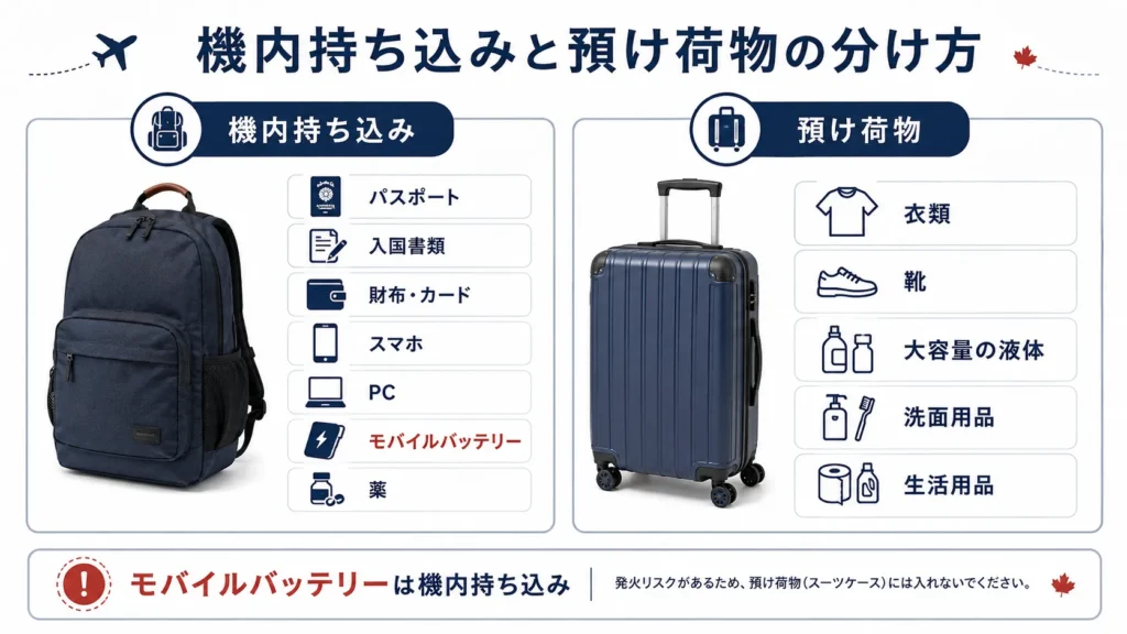 カナダ留学の持ち物のなかで機内持ち込みと預け荷物に入れるものを整理した画像