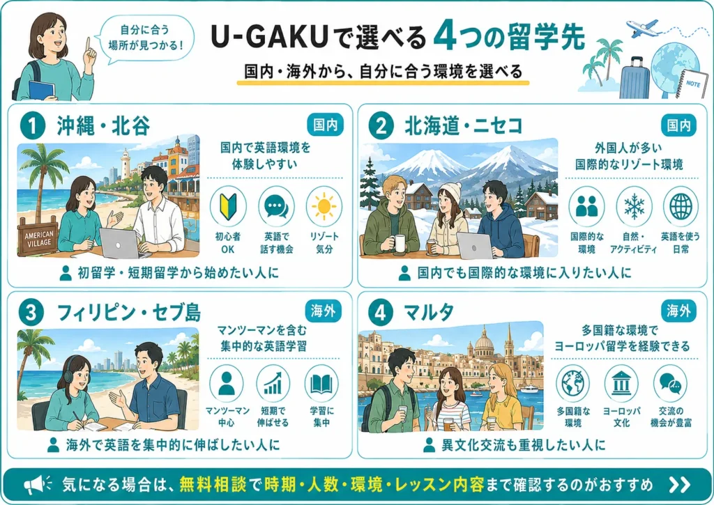 U-GAKU(ユーガク)はどこに留学できるのか紹介する画像。
